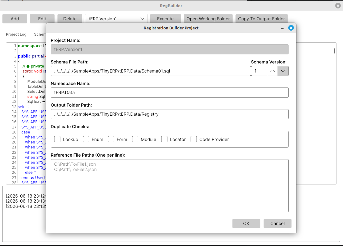 RegBuilder Project Settings