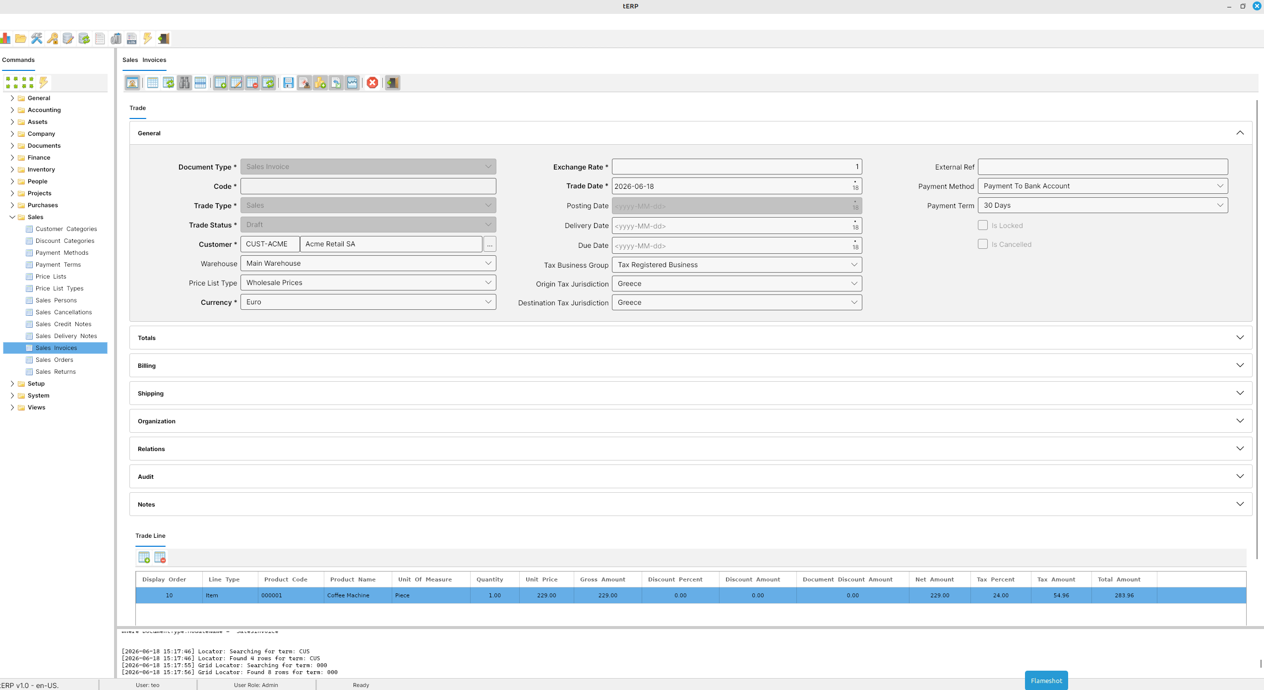 TinyERP sales invoice